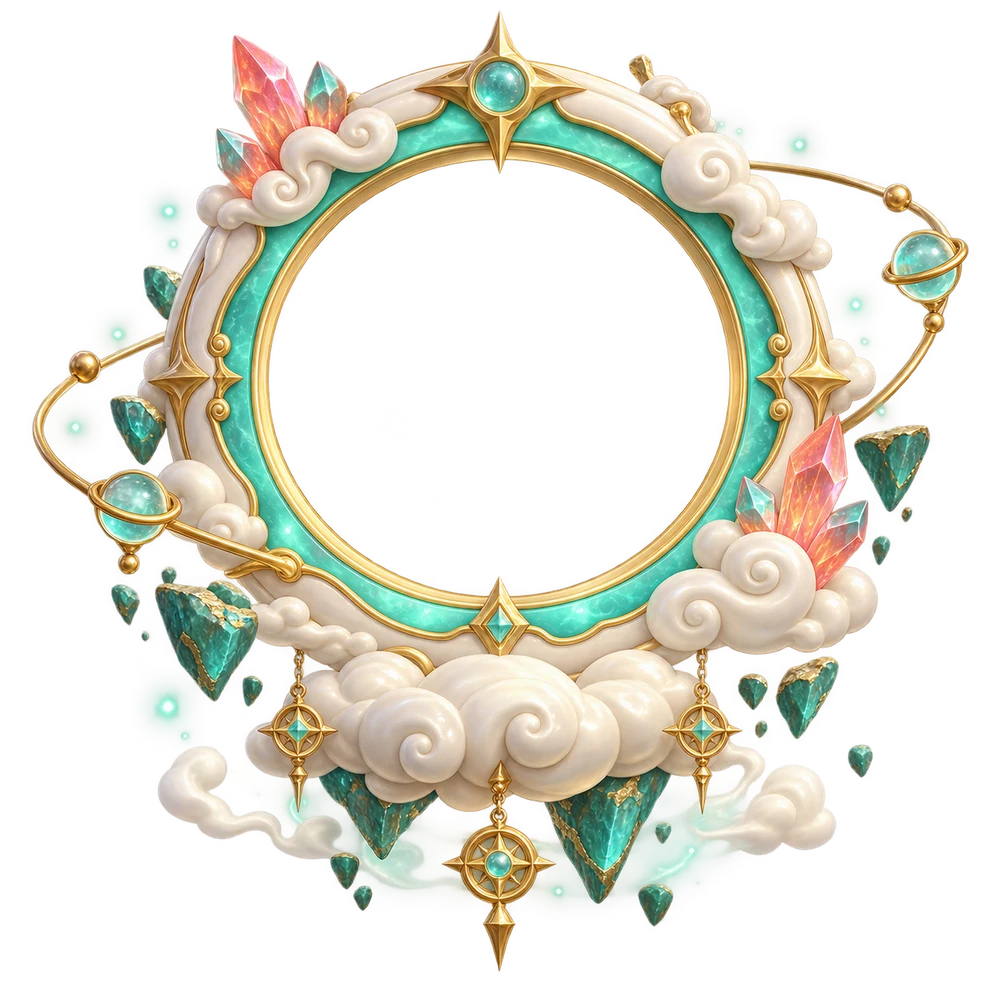 An ivory and turquoise magical portal floating on clouds